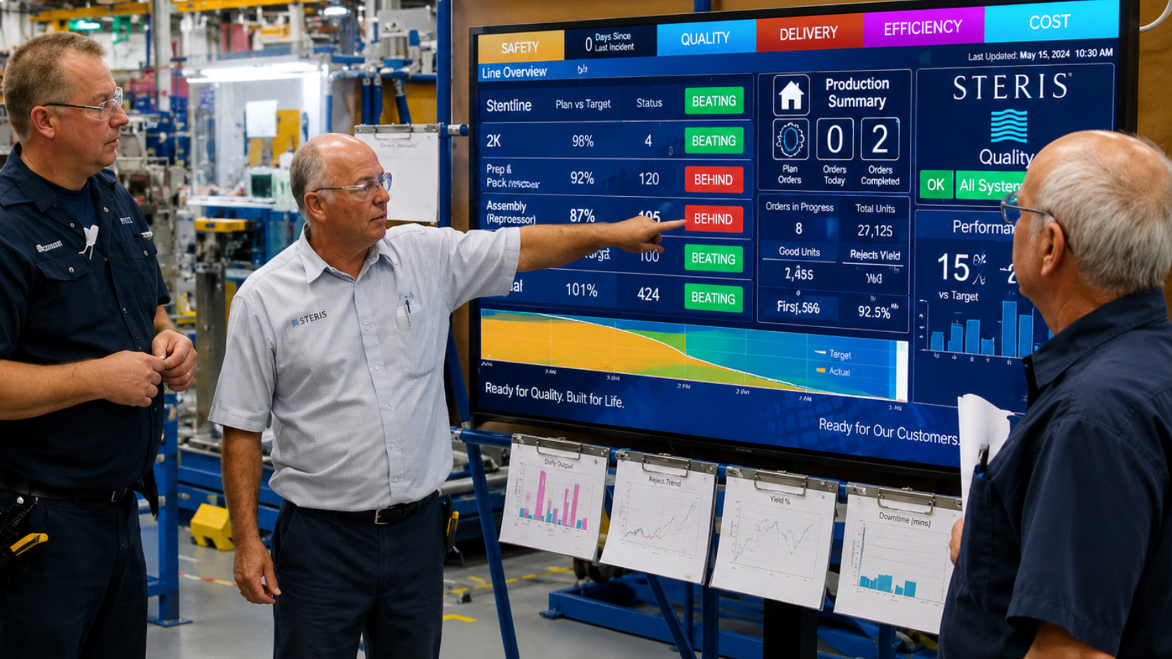 Factory team reviewing production metrics