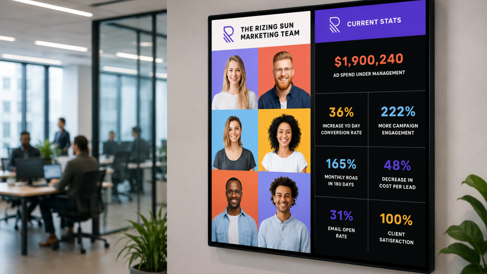 Modern office with marketing stats display