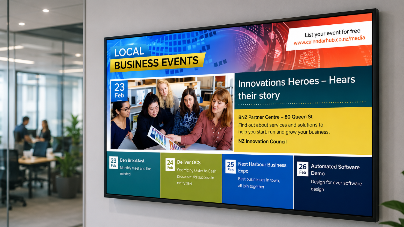 Office corridor with event dashboard display